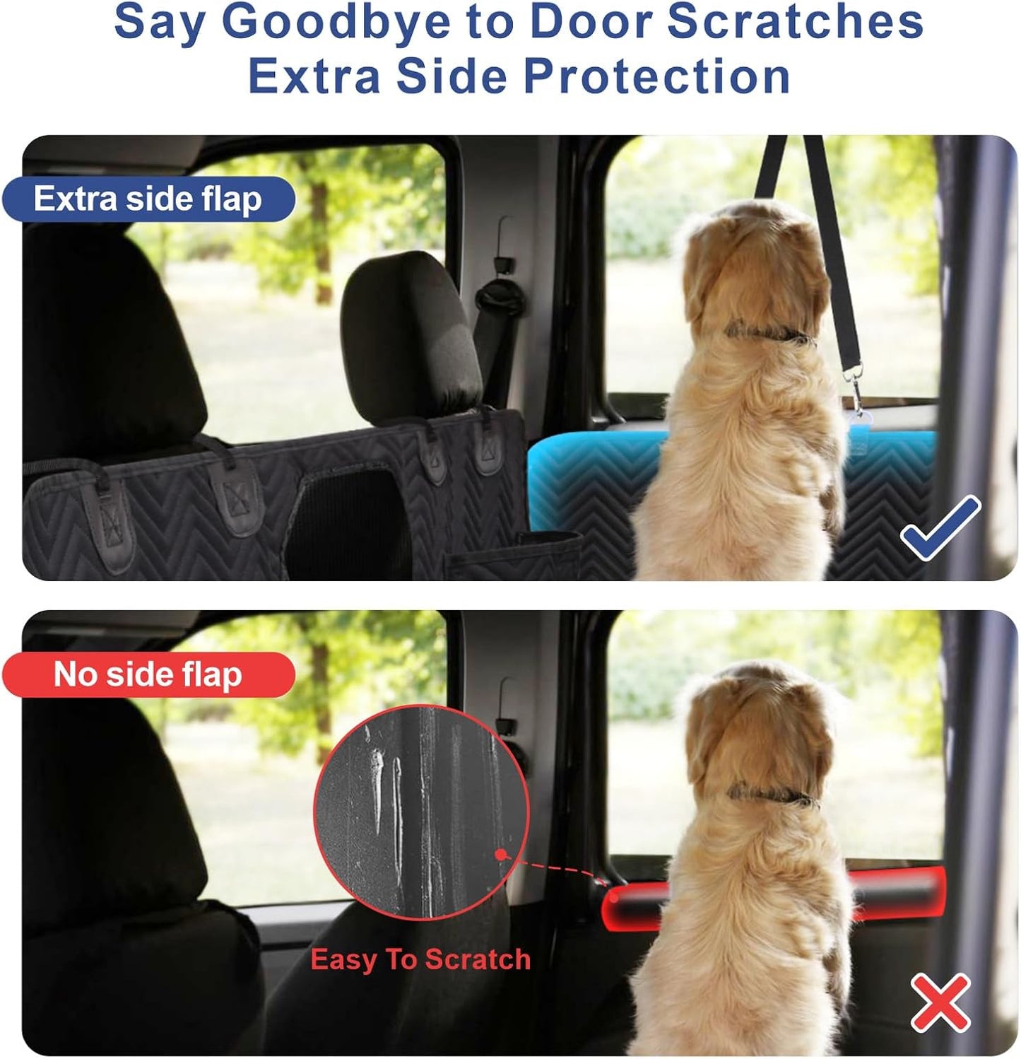 Back seat extender for dogs, side view with zippered flaps and storage pockets
