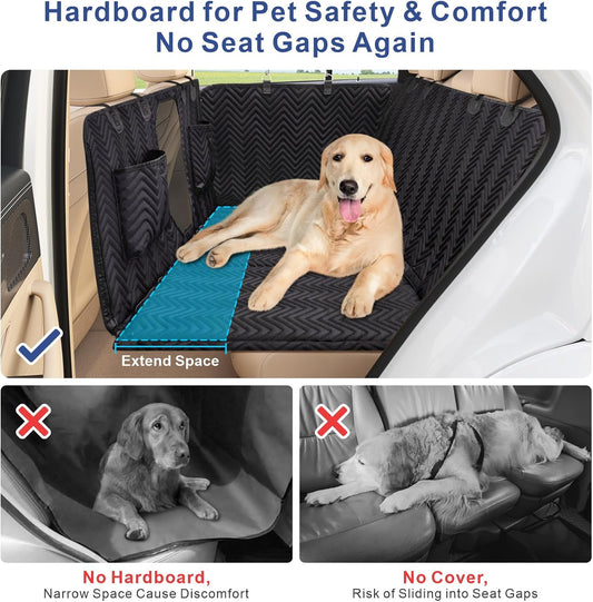 Hard-bottom dog car seat cover with mesh window installed on back seat