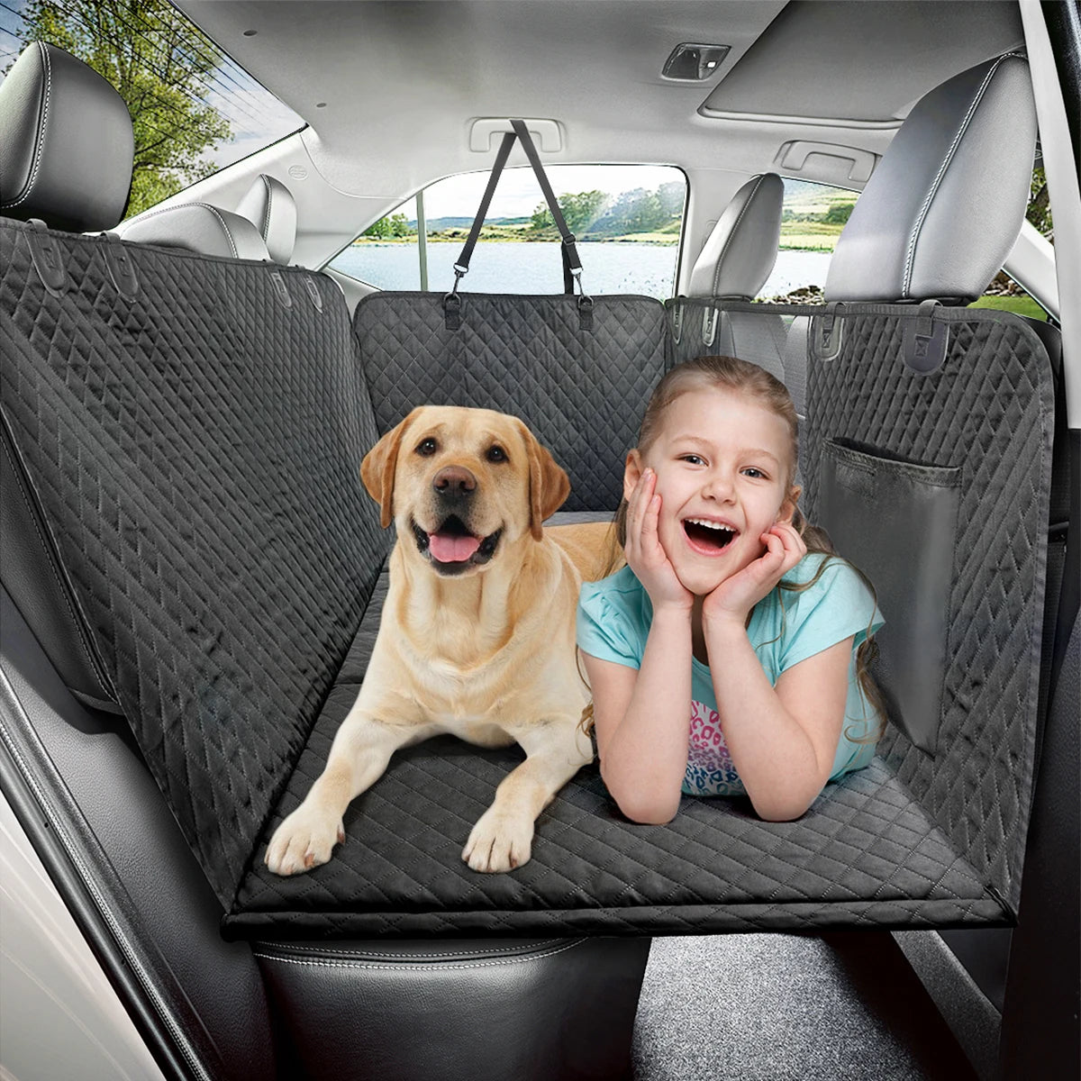 Hard-bottom dog back seat extender installed in car